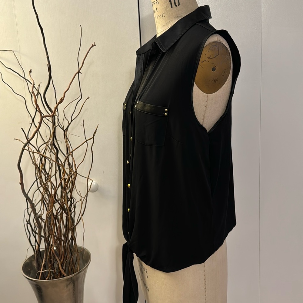 Dress Barn sleeveless blouse with gold buttons and front knot - Picture 4 of 8